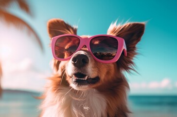 a dog wearing pink sunglasses in the sun