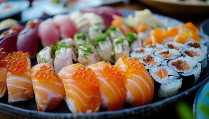 a plate full of sushi arranged in a way to suit the different tastes