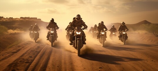 a group of motorcycle riders riding down a dirt road