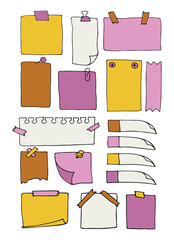 set of paper notes, stickers, sticky sheets, torn leaves. Notepads and torn paper sheets. Reminder, office notice, information notebook. Vector illustration