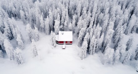 a red house is covered in snow in a wooded area