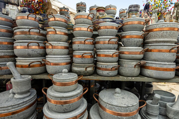 Soapstone pots at a crafts fair in the center of Ouro Preto, Minas Gerais, Brazil
