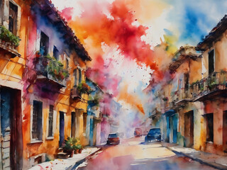 city ​​street drawing on a background of colored smoke