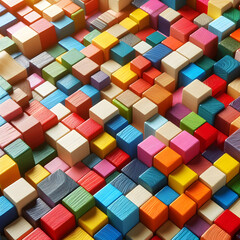 Fototapeta na wymiar Colorful wooden blocks aligned. Wide format, generative AI,