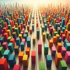 Fototapeta premium Colorful wooden blocks aligned. Wide format, generative AI,