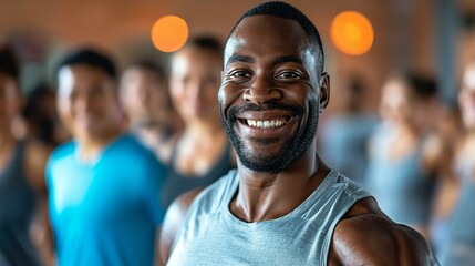 Happy African-American man participating in a group exercise class, promoting health and wellness. [Man in group exercise class