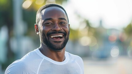 Happy African-American man participating in a charity run, promoting a healthy lifestyle for a cause. [Man in charity run