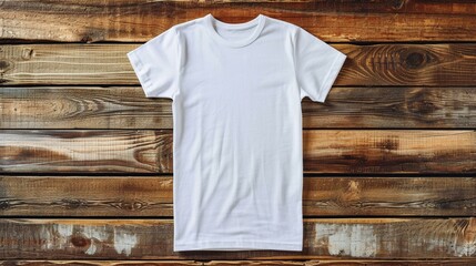 A classic white T-shirt placed on a wooden table, providing a clean and versatile canvas for creative text placement. [White T-shirt on wooden table