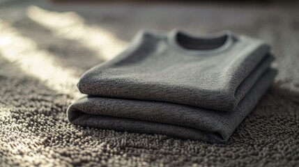 Close-up of a folded gray T-shirt with ample space for text placement, emphasizing the simplicity and elegance of the design. [Gray T-shirt folded with text space