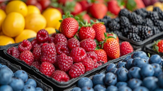 Sellers creating an aesthetically pleasing display of mixed berries, highlighting the nutritional benefits of colorful fruits. [Mixed berries display with sellers at the vegetable 
