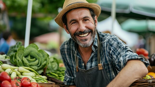 Cheerful man exploring a farmers' market, enjoying the sights and flavors of fresh produce. [Man at farmers' market