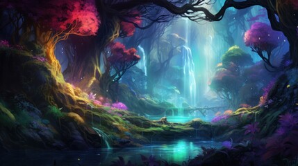 Enchanted forest scenery with vibrant colors and mystical waterfall. Fantasy landscape.