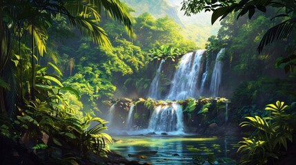  a painting of a waterfall in the middle of a forest filled with lots of green plants and a body of water in the middle of the middle of the picture.