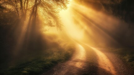  a dirt road in the middle of a forest with sunbeams shining through the trees on either side of the road is a dirt road with green grass and grass on both sides.