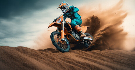 Obraz premium a woman rider on an orange dirt bike doing stunts