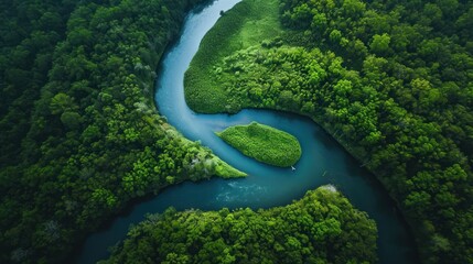  an aerial view of a river in the middle of a lush green forest, with a small island in the middle of the river, surrounded by lush green trees.