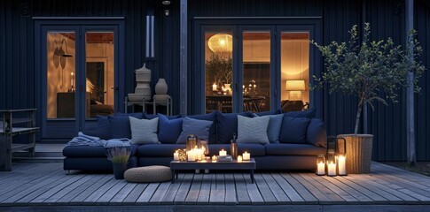 a sofa and candles on an outdoor patio