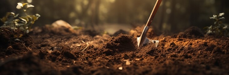 a shovel digging the ground in woodlands concept of nature on the ground