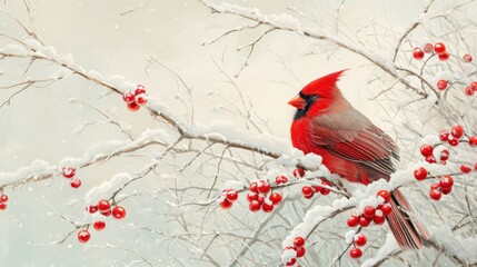  a red bird sitting on a branch of a tree with snow on the branches and red berries on the branches and the branches of the branches are covered with snow.