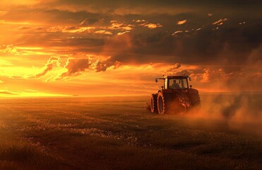 Fototapeta premium an tractor is driving in the field at sunset