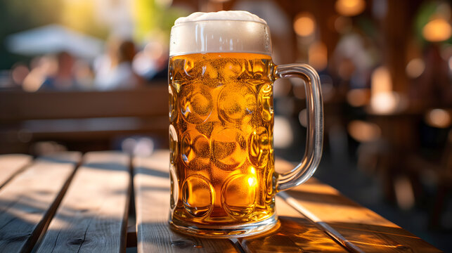 a refreshing German Maß beer bathed in warm, golden sunshine. The image shows the classic one-liter beer stein, filled with a vibrant, sparkling lager that glistens in the sunlight