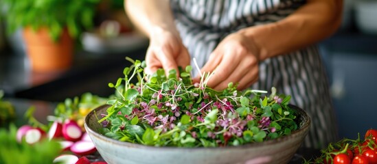 Female makes raw vegan salad using microgreens and veggies. - obrazy, fototapety, plakaty