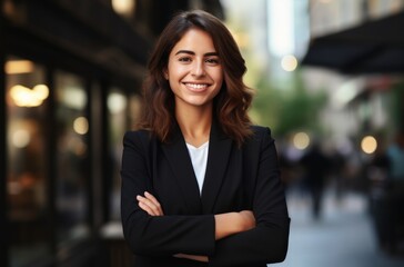 business woman in black attire smiles with her arms crossed
