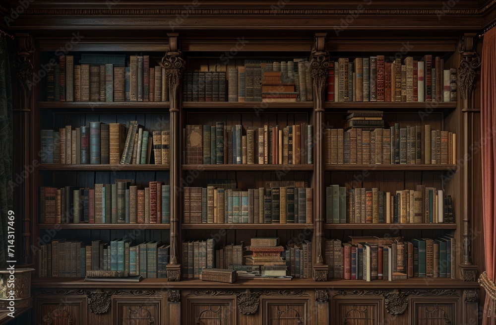 Poster an example of the shelf above and below bookcases in an old library