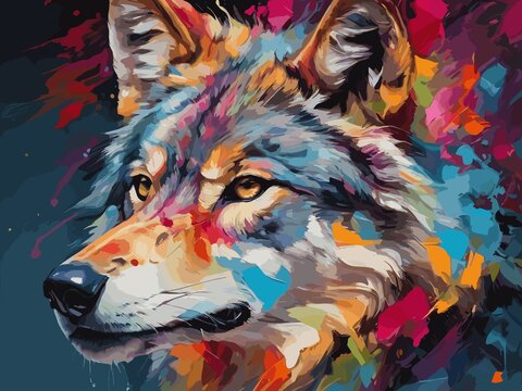 abstract portrait of an wolf with colorful	