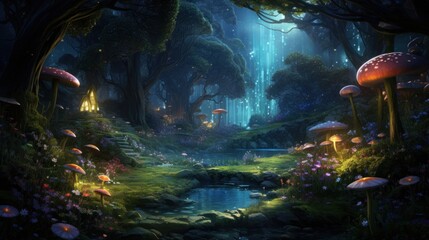 Enchanted forest scene with glowing mushrooms and magical atmosphere. Fantasy world background.