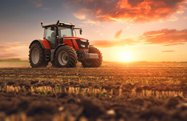 an orange tractor is driving through a field at sunset