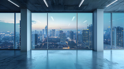 Empty loft unfurnished contemporary interior office with city skyline and buildings city from glass window . - obrazy, fototapety, plakaty