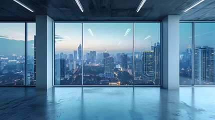 Foto op Plexiglas Empty loft unfurnished contemporary interior office with city skyline and buildings city from glass window . © Prasanth