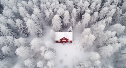 aerial view of a red house in winter forest