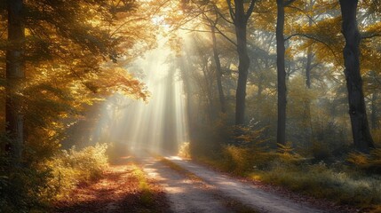  a dirt road in the middle of a forest with sunbeams shining through the trees and leaves on either side of the road is a dirt road in the foreground.