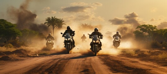four motorcycles on a dirt road