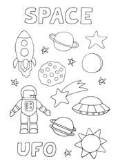 Bright space set. Collection of space vectors. Galaxy, fantasy, doodle. Set of space stickers isolated on white background. Vector illustration