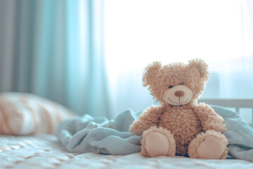 Fototapeta premium Cozy Teddy Bear on Bedside - Generative AI