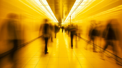 Passengers in motion blur in a subway yellow tunnel,interior view

