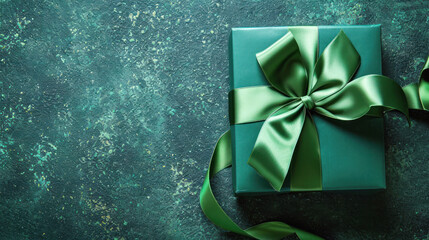 green luxury gift box with shiny bow on green shamrock background