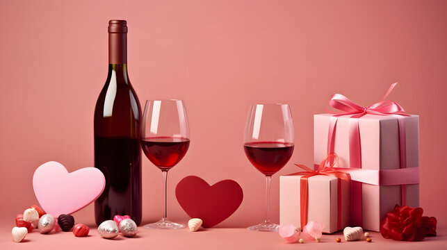 four valentines gifts with gifts, wine and candy on pink background