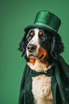 bernese mountain dog in a fancy st patricks day costume and hat on green background, happy st patricks day celebration, greeting card