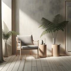 Chair, Potted Plant and Side Table in Window Sunlight Modern Interior Design