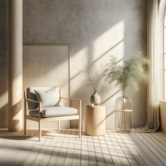 Chair, Potted Plant and Side Table in Window Sunlight Modern Interior Design