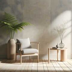 Chair, Potted Plant and Side Table in Window Sunlight Modern Interior Design