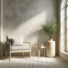 Chair, Potted Plant and Side Table in Window Sunlight Modern Interior Design