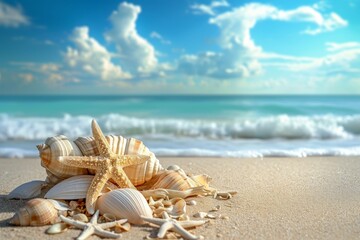 Fototapeta na wymiar Stunning Starfish & Seashells Beautify Serene Sand