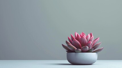  a pink flower in a white vase on a white table with a gray wall in the background and a light gray wall in the corner of the room behind it. - obrazy, fototapety, plakaty