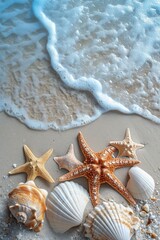 Fototapeta na wymiar Glimmering Starfish & Seashells in Sandy Serenity