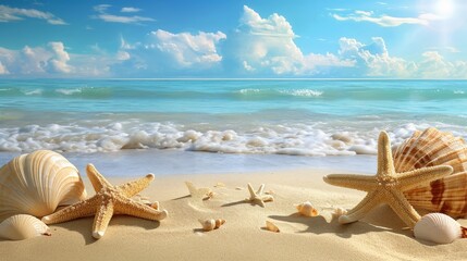 Fototapeta na wymiar Two Starfish and Seashells at Sunset